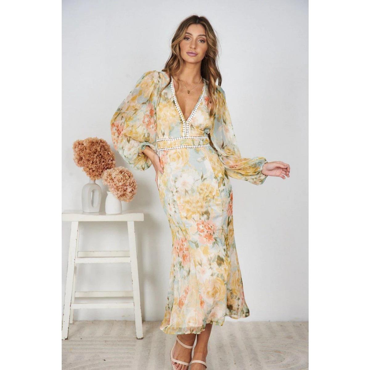 Women s V Neck Long Sleeve Floral Print Midi Dress High Waist Elegant Bodycon Dress S