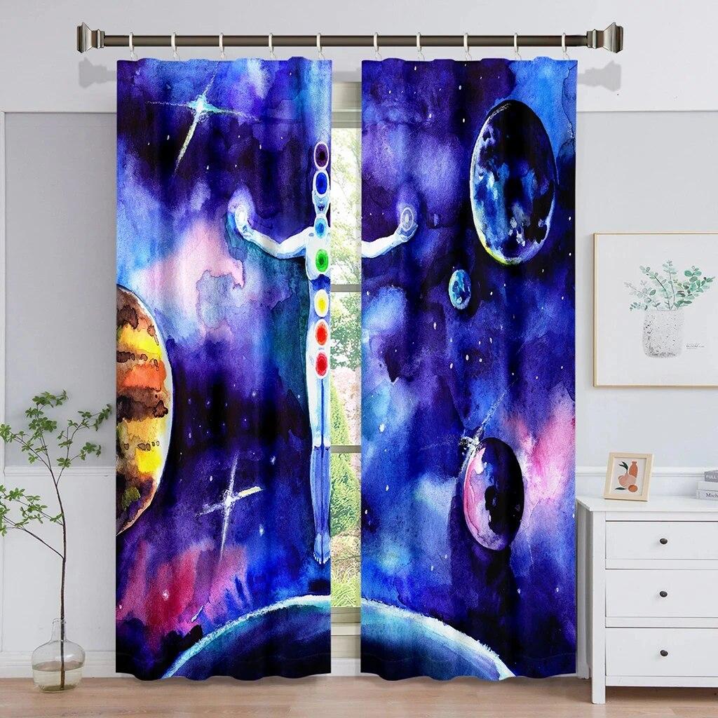 3D Moderne Blå Planet Nattehimmel Galaktisk Stjerne Romvesener Barn 2 Deler Gratis Frakt Skyggeleggende Vindusgardin For Stue Soverom