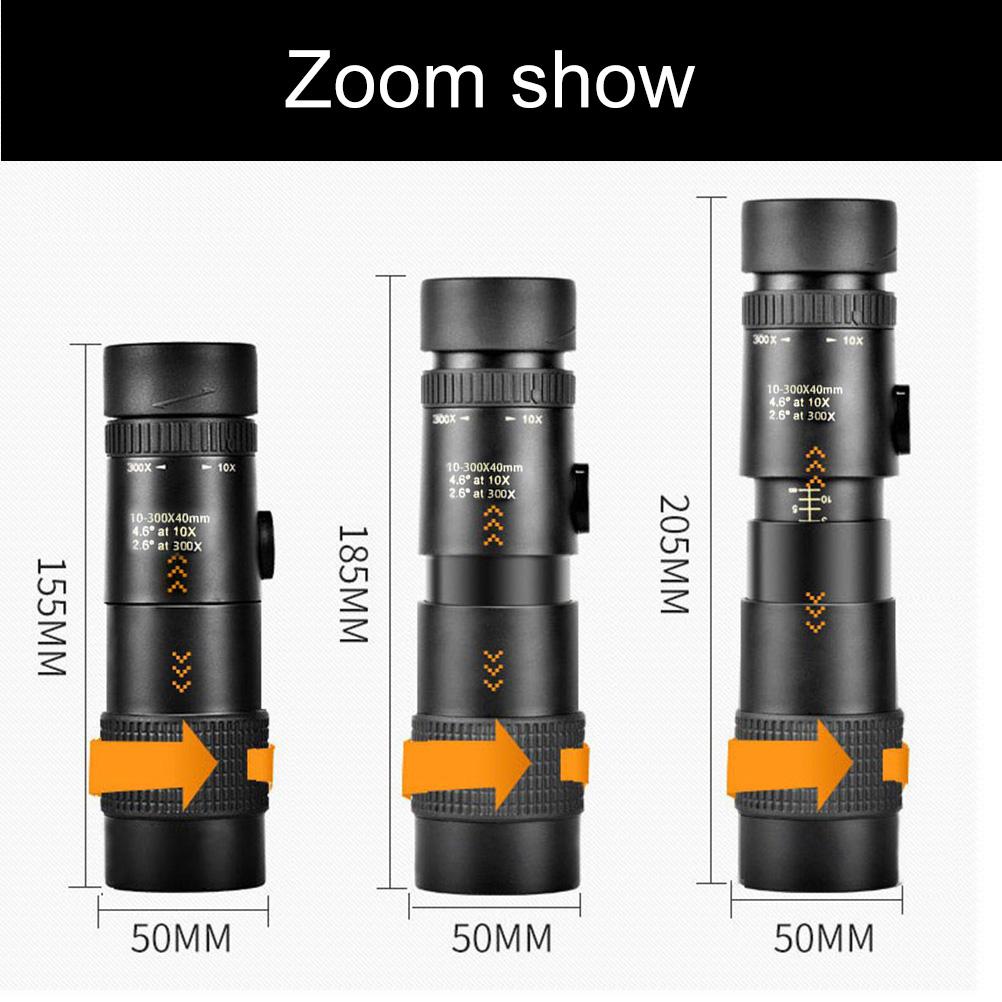10?Monokulární dalekohled 300x40mm Zoom Kompaktní vodotěsný dalekohled s držákem na smartphone Stativ pro