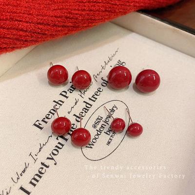 Red Doudou Pearl Stud Earrings Women's Retro Hong Kong Style Red Earrings New Year's Eve Earrings