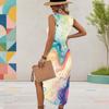 Women Plus Size U Neck Sleeveless Abstract Printed Dress Red Black High Side Slit Curved Hem