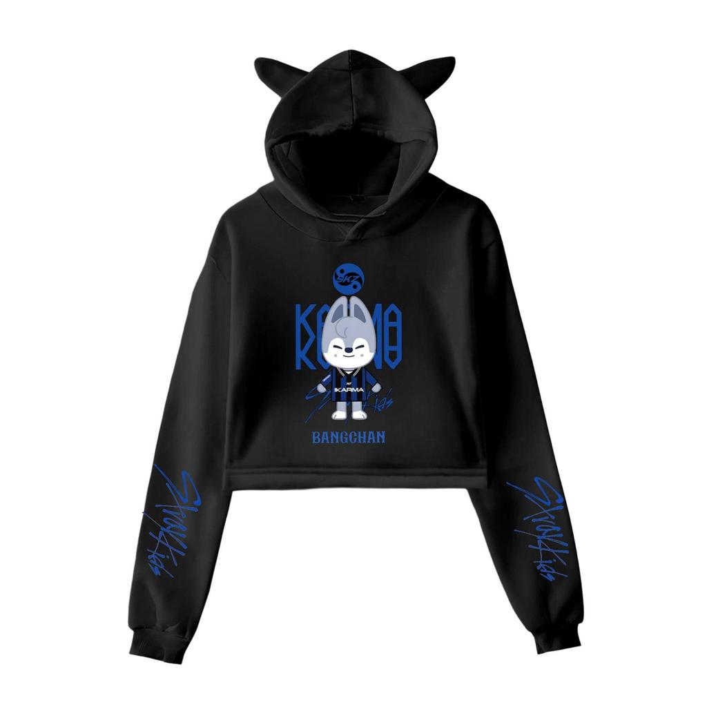 Stylish Women's Hooded Pullover Sweatshirt With Stray Kids Print, Trendy Long-sleeved Top.