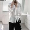 INCERUN Oversized Men Long Sleeve Lapel Striped Hollow Webbing Casual Loose Tops Shirts