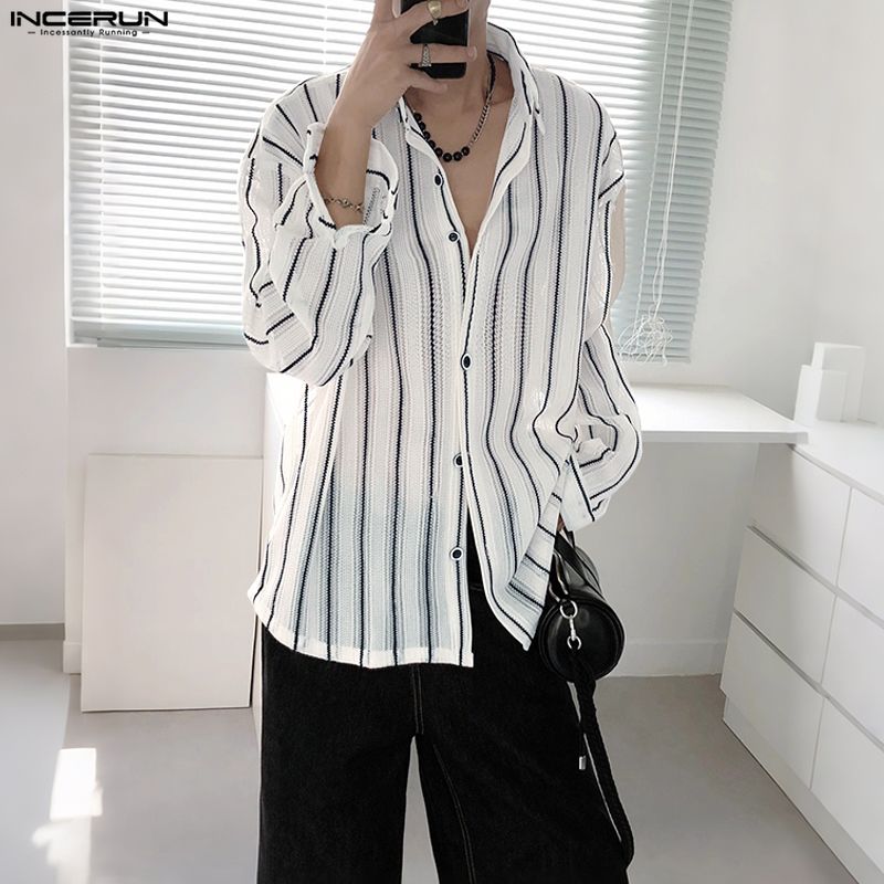 INCERUN Oversized Men Long Sleeve Lapel Striped Hollow Webbing Casual Loose Tops Shirts