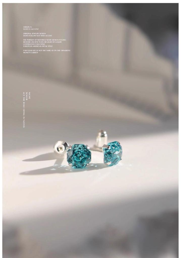 Paraiba Natural Aquamarine Ice Flower Cut Earrings, Women's S925 Sterling Silver Studs with Colored Gem Crystals