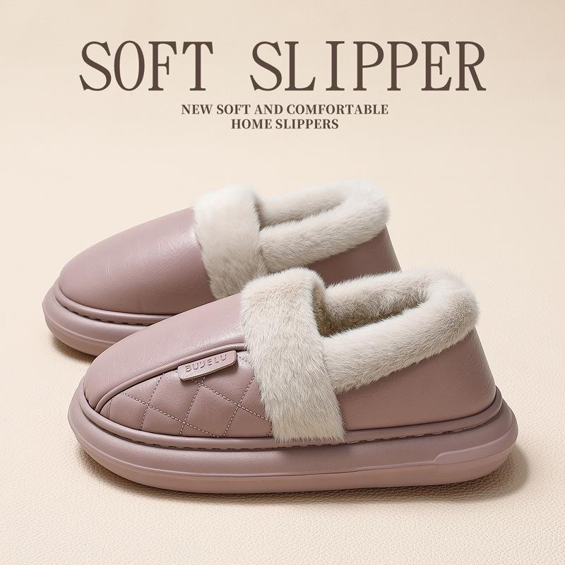 Pu cotton slippers winter waterproof indoor home household plush warm non-slip bedroom winter cotton shoes