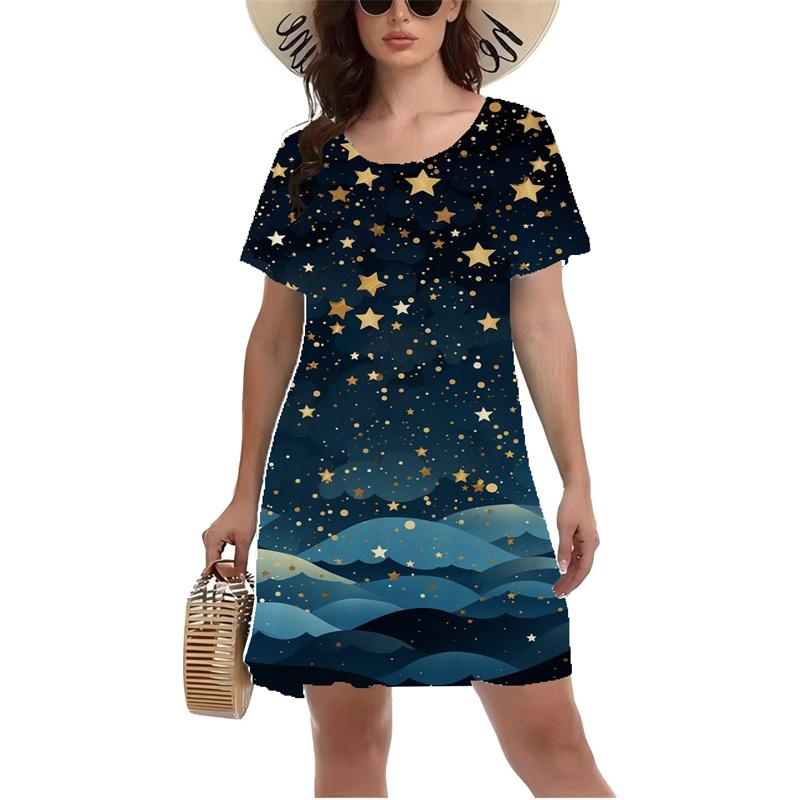 3D Blue Starry Sky Planet Meteor Pattern Print Dress Women Summer Short Sleeve Round Neck Casual A-Line Dress Vestidos De Mujer