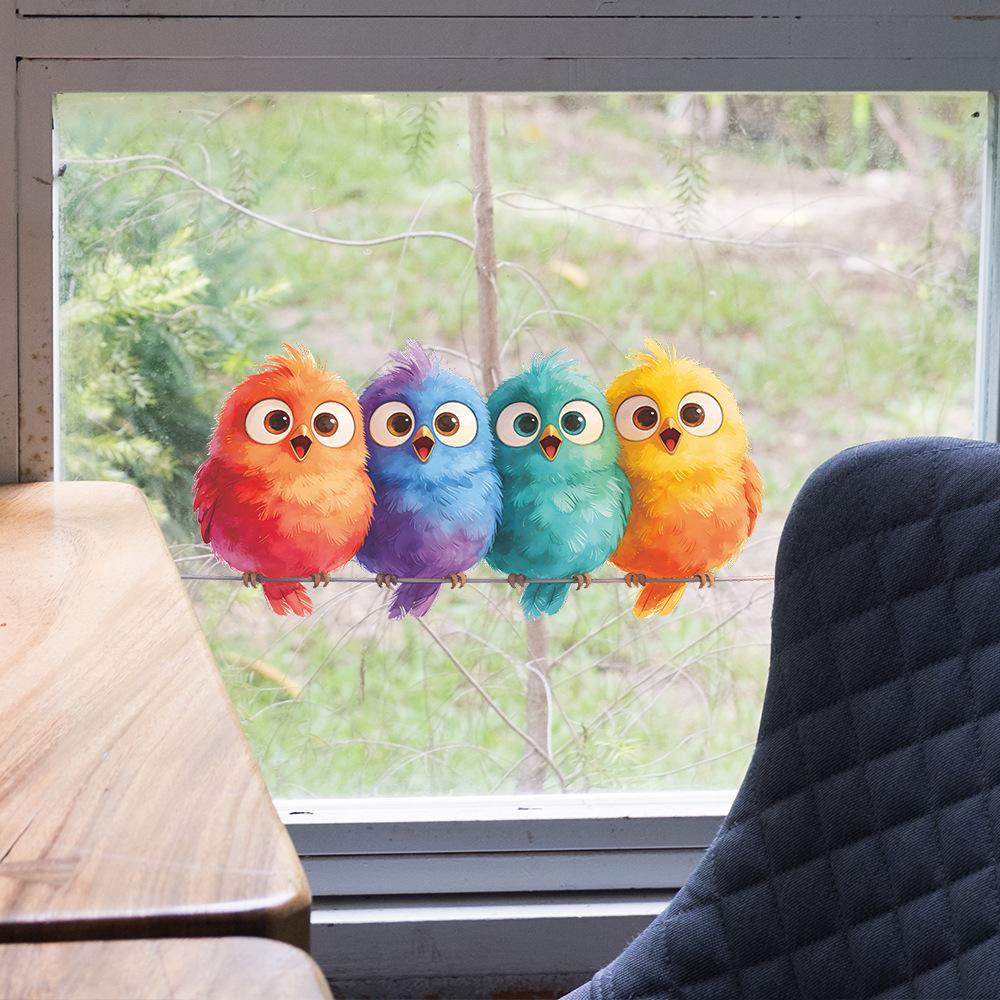 Cartoon Painted Bird Static Cling Window Sticker Outdoor Balcony Glass Removable UV Resistant Self-Adhesive Home Decor Art