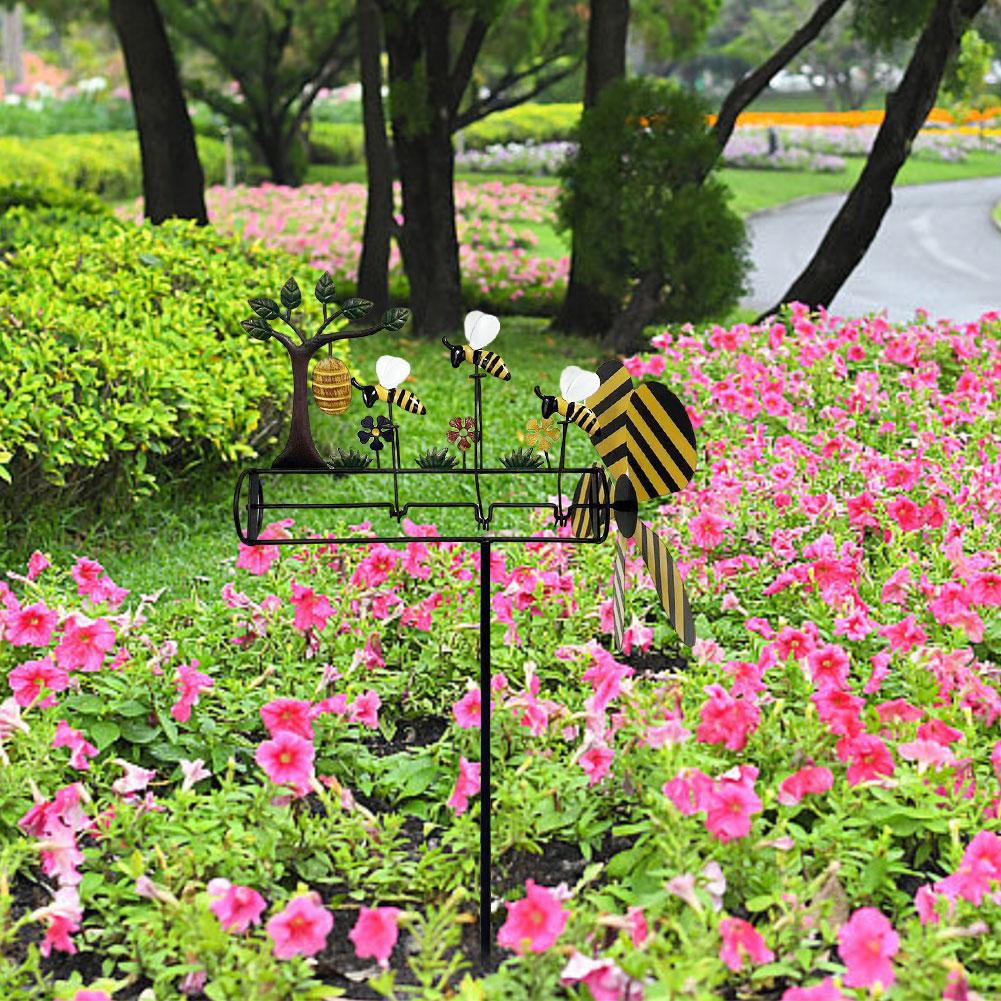 3D Animal Bee Windmill Metal Whirligig Wind Spinner Garden Trees & Little Bees Ornament Art Stake Decorations For Outdoor Lawn