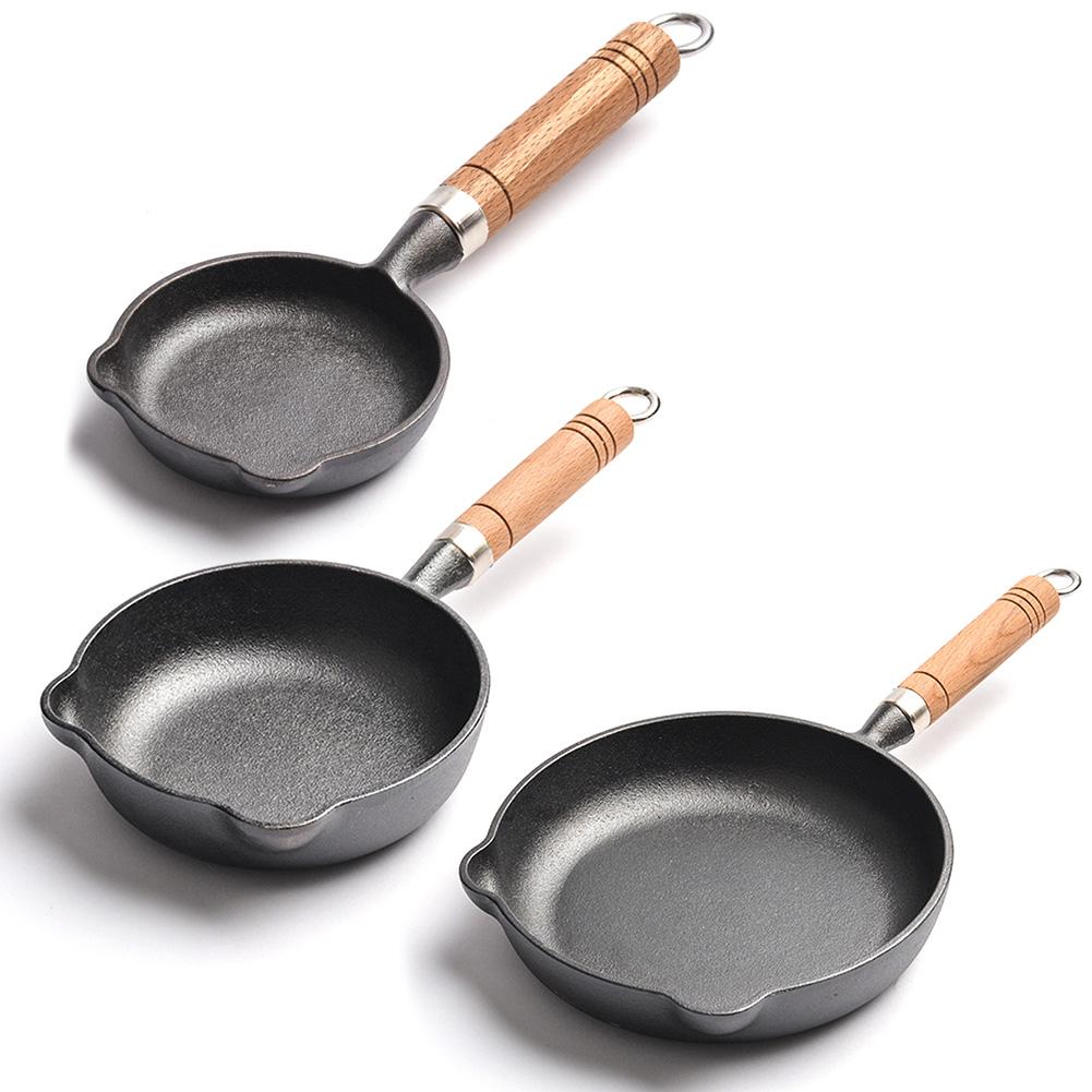 4/6/7.8 Inch Cast Iron Skillet Non Stick Frying Pan with Wood Handle Fry Pan with Double Drip-Spouts for Indoor & Outdoor Use