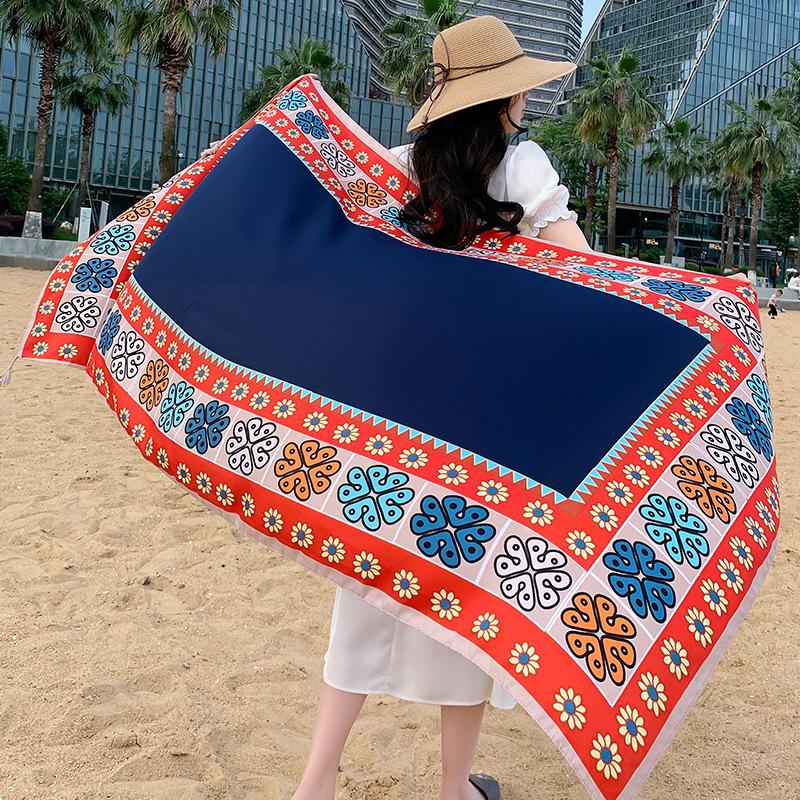 New red flower ethnic style scarf women's summer sunscreen silk scarf Yunnan Dali travel shawl with cape
