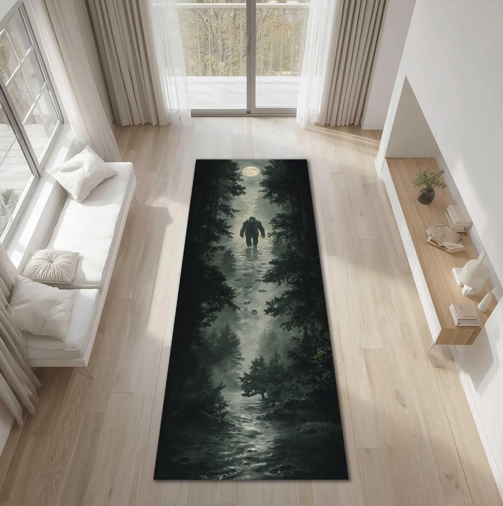 Bigfoot Forest Mystery Runner Rug Dark Moonlit Woods Design Mystical Creature Pattern Perfect For Hallway Corridor Home Decor