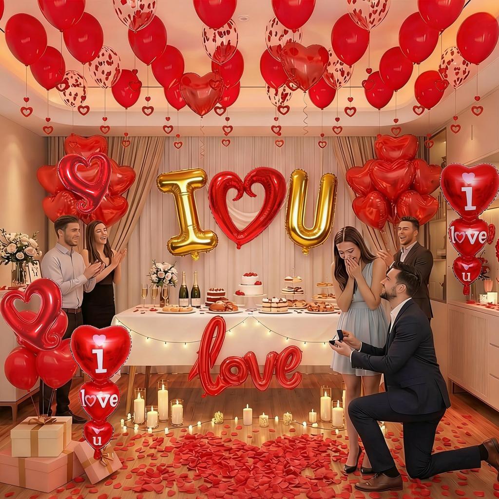 Valentine's Day Balloon Set Red Heart Balloon Simulation Petals for Valentine's Day Proposal Wedding Romantic Decor