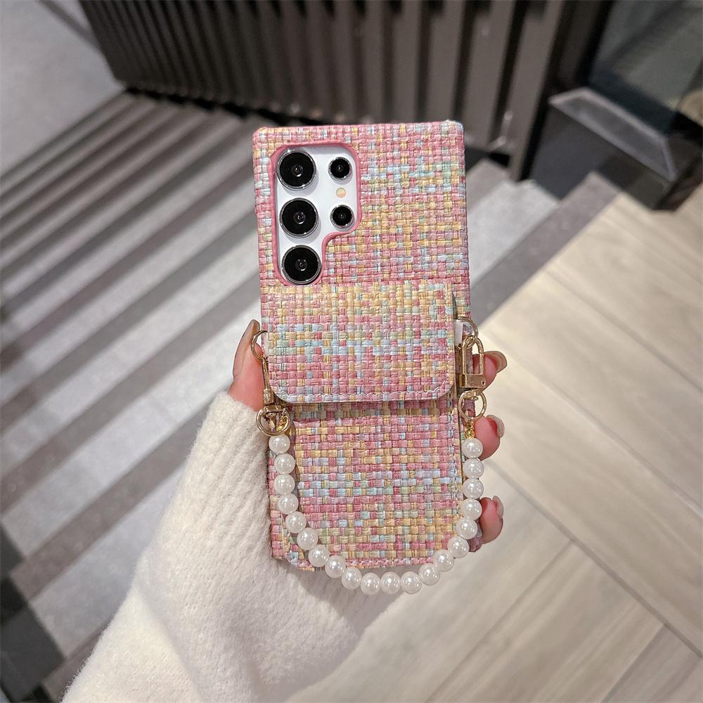 Luxury Cloth Pearl Hand Chain Case For Samsung S24 Ultra S23 Ultra S22 Card Holder Cover For Galaxy S24 Plus Wrist Strap Case