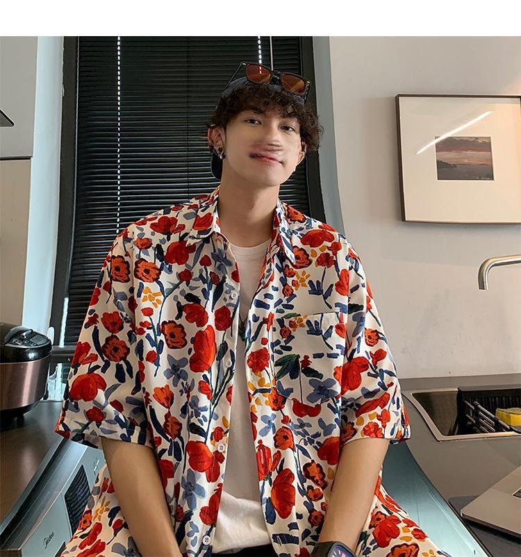 Men's Hawaiian Floral Short-Sleeve Shirt - Trendy, Lightweight, High-End Hong Kong Style Design