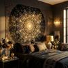 Black & Gold Mandala Tapestry, Elegant Wall Hanging with Intricate Golden Floral Pattern On Black Background, for Bedroom Decor