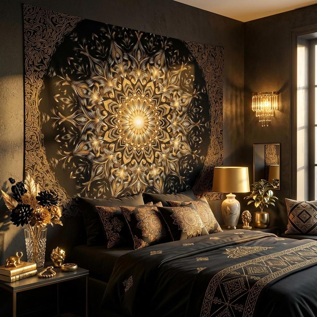 Black & Gold Mandala Tapestry, Elegant Wall Hanging with Intricate Golden Floral Pattern On Black Background, for Bedroom Decor