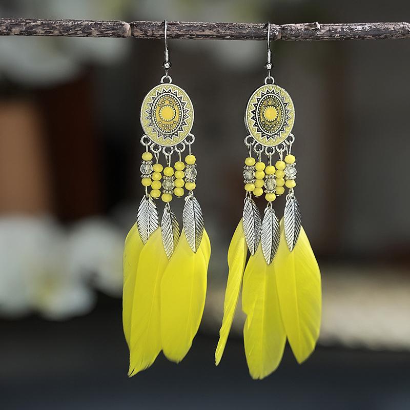 Boho Lange Feder Hängende Ohrringe für Damen Blatt Quaste Kristallperlen Handgefertigt Runde Blume Emaille Hochzeit Braut Schmuck Geschenk