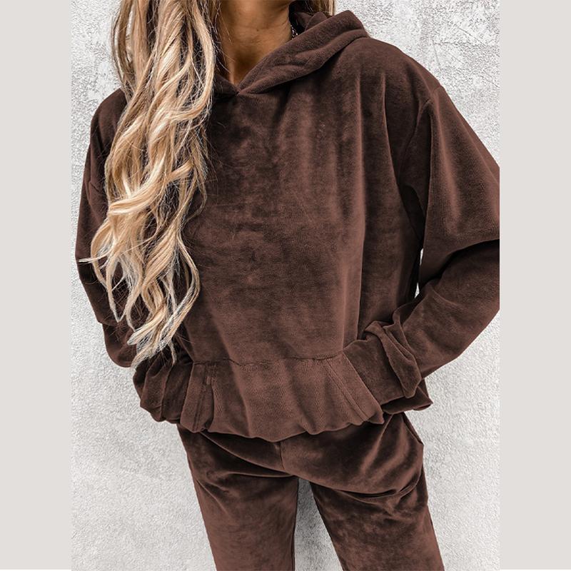 

Женский бархатный спортивный костюм осень-зима элегантный мягкий карманный капюшон свободные эластичные спортивные штаны с высокой талией комплект из двух частей XL кофейный