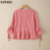 VONDA Women Summer V Neck Long Sleeve Drawstring Ruffled Plaid Casual Blouse