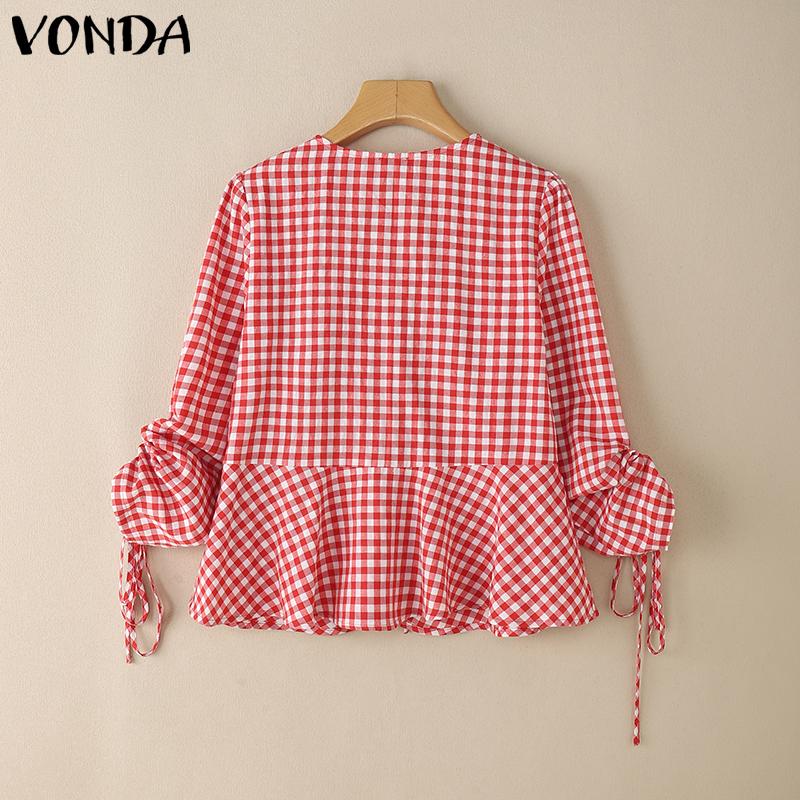 VONDA Women Summer V Neck Long Sleeve Drawstring Ruffled Plaid Casual Blouse