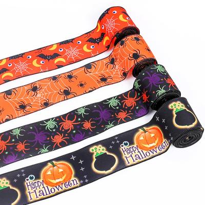Halloween Wired Edge Ribbon Bat Spider Pumpkin Ribbon Halloween Wrapping Ribbon for DIY Craft Floral Bow