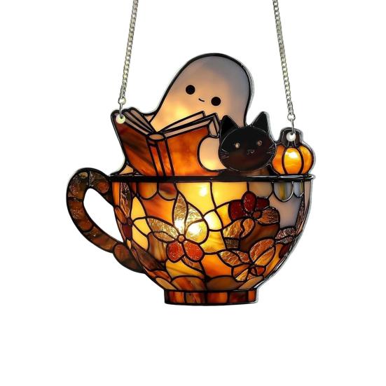 Halloween Acrylic Suncatcher Adorable Ghost Reading Book Pendant Black Cat Teacup Spooky Window Hanging Decoration for Home Parties Festivals