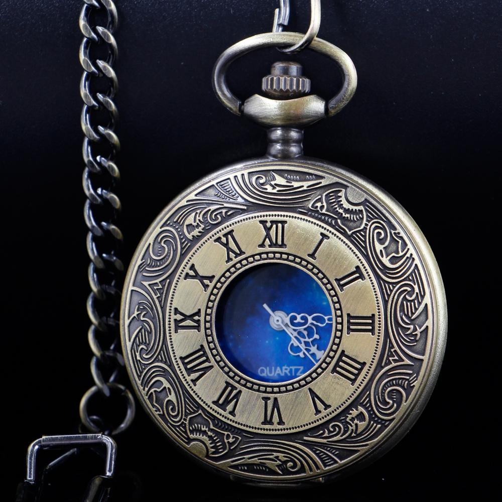 Pocket Watch Hollow Blue Starry Design Roman Numerals Vintage Quartz Pocket Watch with Chain Men's Pocket Watch