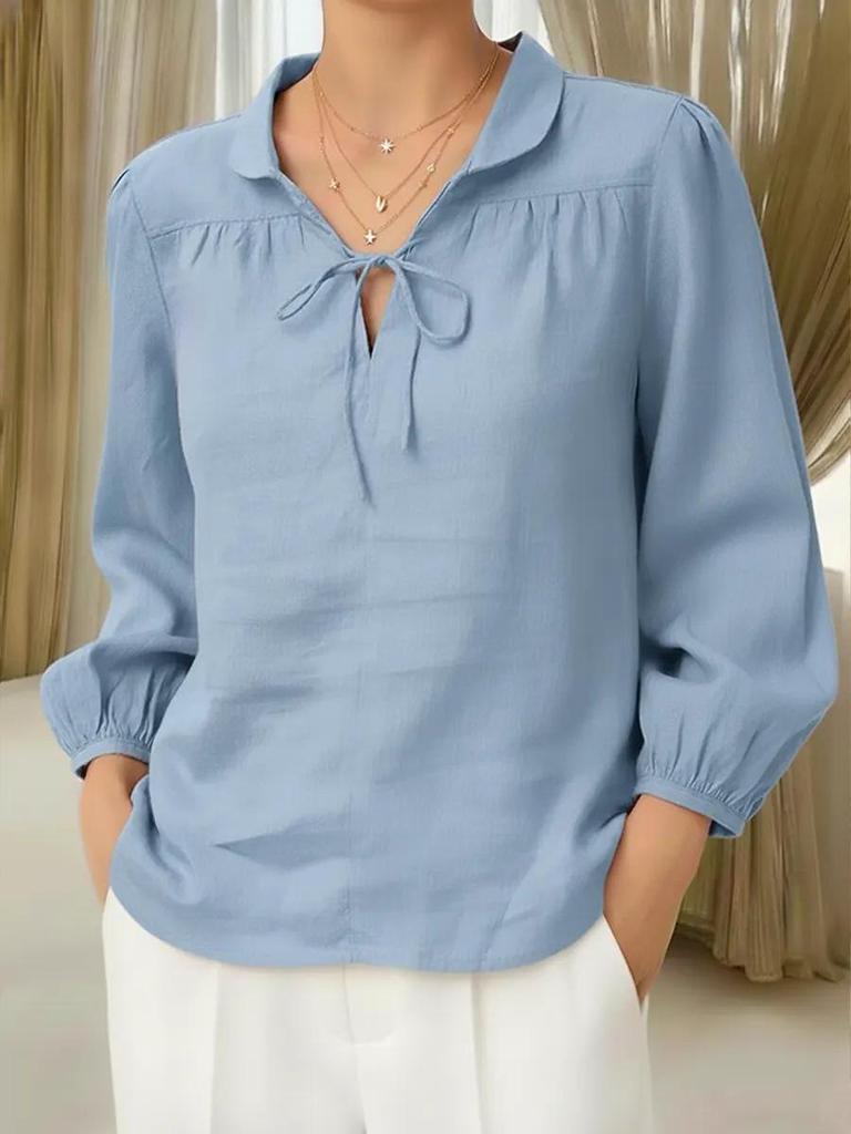 Spring/Summer 2026 Women's Lace Peter Pan Collar Tie-up Top with Lantern Sleeves and Loose Fit