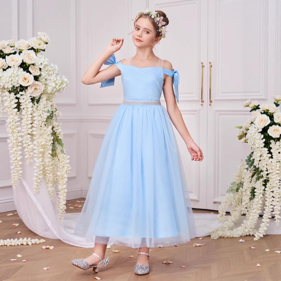 

Flower Girl Princess Dress For Weddings Summer Kid Formal Bow Long Gown For School Evening Party Children New Year Cloth ALP-0069 150 синий