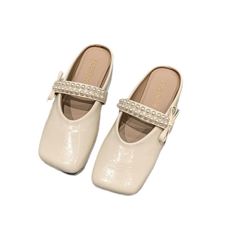 Baotou half slippers women's spring and summer outer wear 2025 new pearl bow soft bottom fairy style slippers