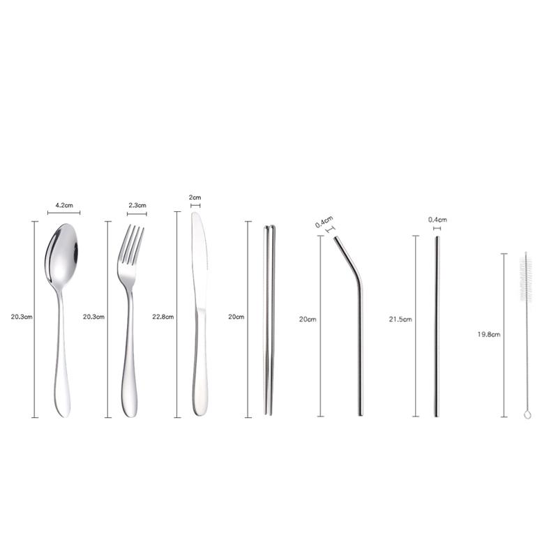 8Pcs Tableware Set Stainless Steel Spoon Fork Chopsticks Straw Cleaning Brush with Storage Case for Eco Friendly Outdoor Lunch