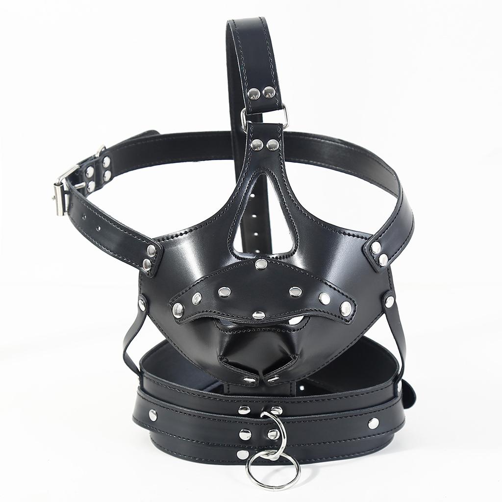 BDSM PU Leather Head Harness Hood with Silicone Dildo Mouth Gag Slave Bondage Mask Collar Fetish Role Play Gear Adult Sex Toys