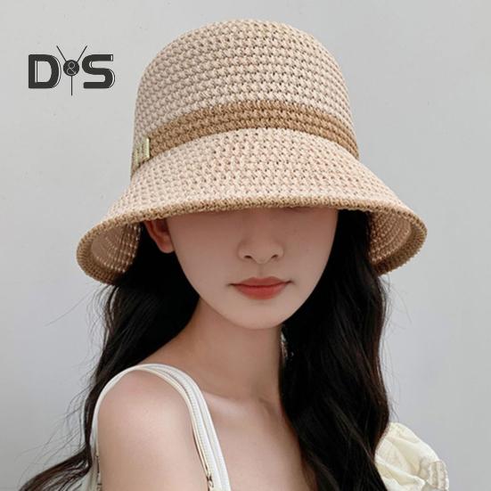 Summer Women Fisherman Hat Sun Protection Anti-UV Foldable Straw Hat Letter Decor Breathable Portable Camping Beach Travel Gardening Sun Cap
