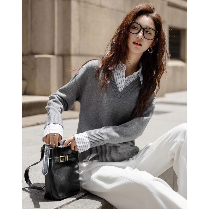 Demana Women's Scholarly Patchwork Lapel Knit Sweater