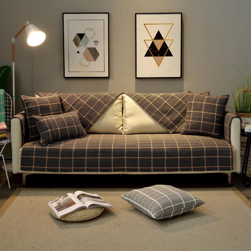 Nordic Modern Cotton and Linen Fabric Plaid Sofa Cushion Cover Four Seasons Universal Fresh Backrest Towel Full Covered