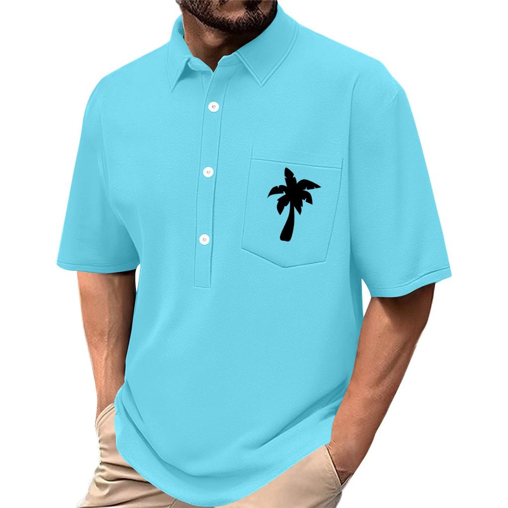 Men's Summer Solid Color Print Four-sided Stretch Lapel Button Pocket Shirt Casual Sports Short-sleeved Top