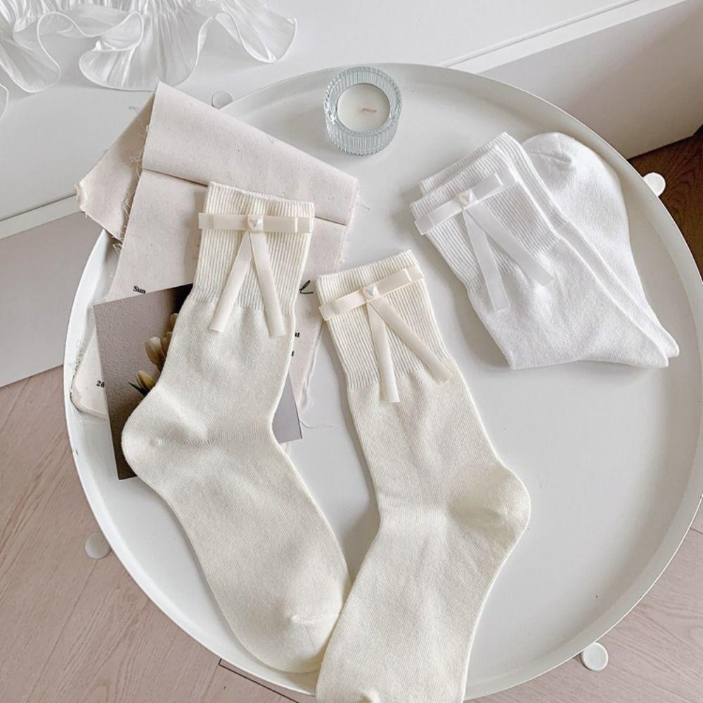 Hosiery Bow Socks Pearl Ribbon Socks Kawaii Girls Uniform Socks  Lolita