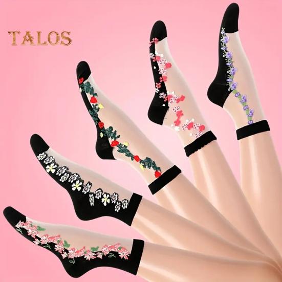 5 Par Damskich Przezroczystych Skarpetek w Kwiatowy Wzór Letnie Cienkie Przezroczyste Siateczkowe Skarpetki do Kostki Codzienne Oddychające Skarpetki Crew