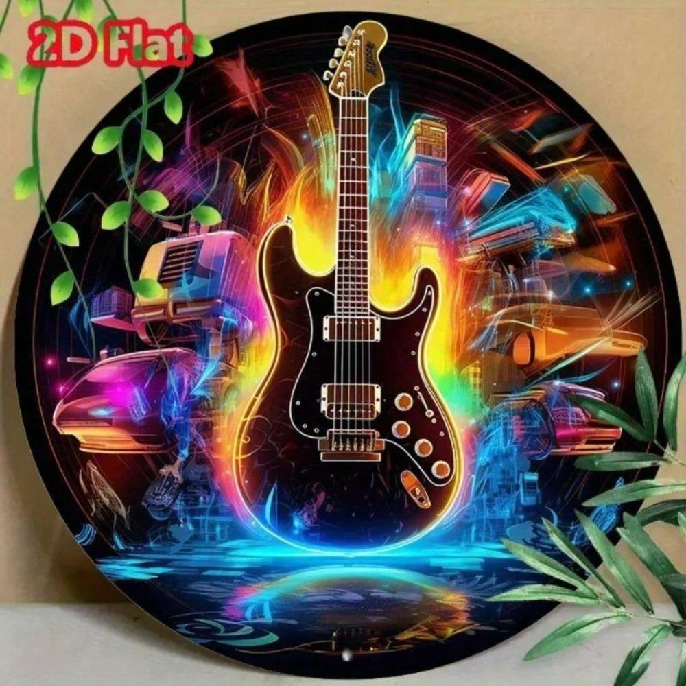 Rund Aluminium Neonskylt Med Musiknoter Gitarr Modern Väggkonst