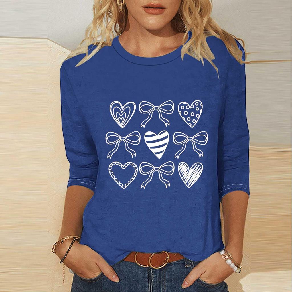 Women's Fashion Casual Three-quarter Sleeve Valentine's Day Printed Round Neck Top