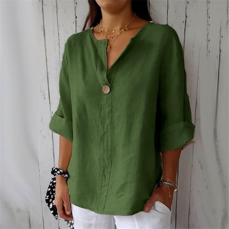 European And American Style Summer New Loose Casual T Shirt Women's V Neck Cotton And Linen Button Top