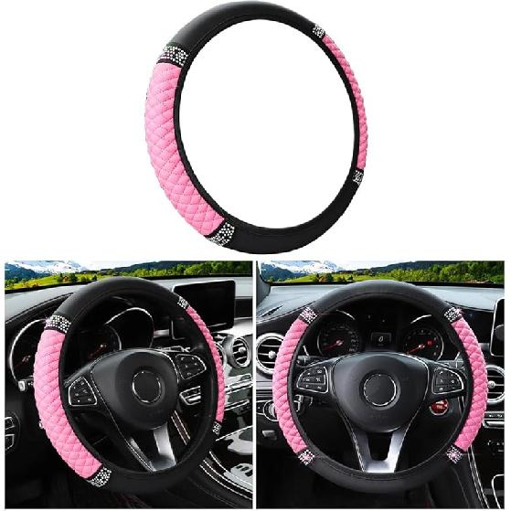 Bling Soft Leather Steering Wheel Cover, 15 Inch Colorful Rhinestones Auto Elastic Steering Wheel Protector, Sparkly Crystal Diamond For Women Girls,