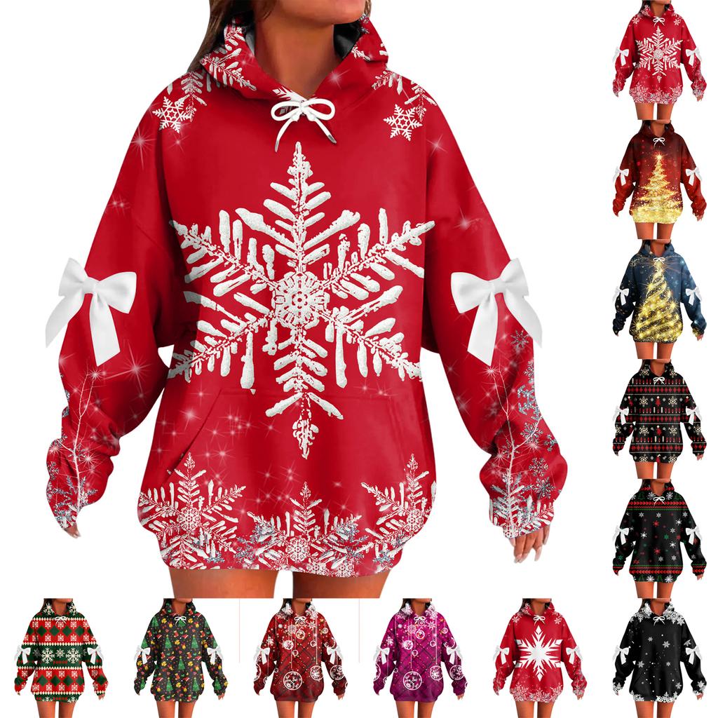 Ladies' Christmas Printed Bow Long Sleeved Loose Fitting Headband With Rope Hooded Sweatshirt Top