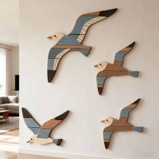 Yousheng 4Pcs/Set Seagull Wall Pendant Bright Feather Color Woodcarving Artwork Hand-painted Seagull Decoration