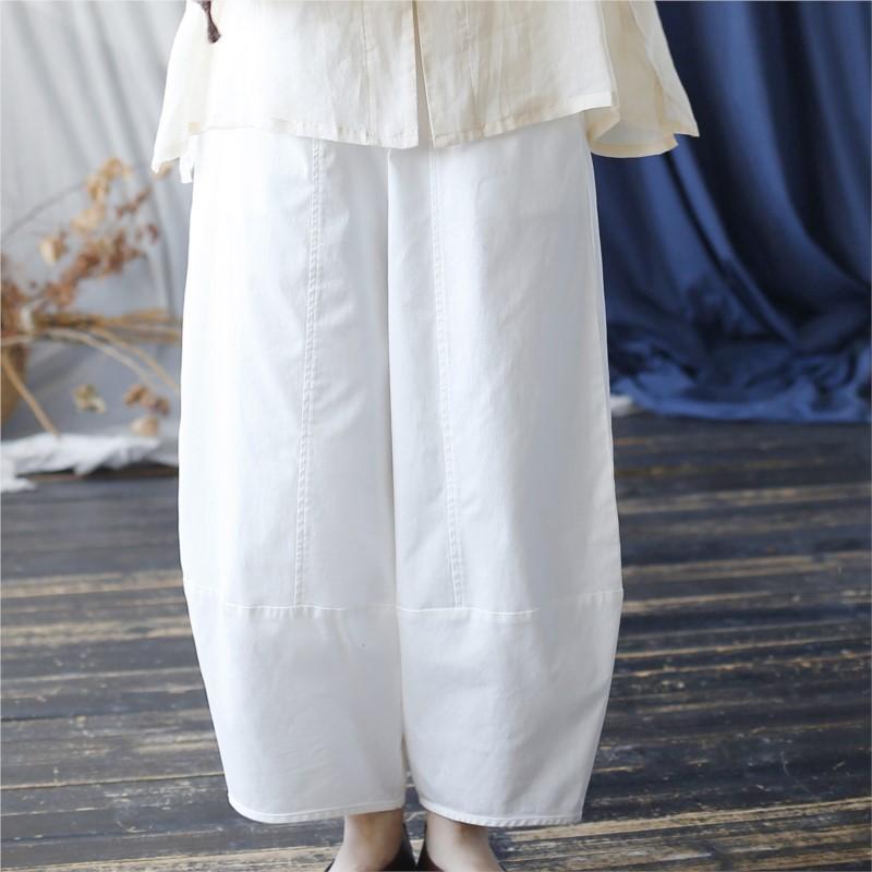 Johnature Women Vintage Patchwork Wide Leg Pants Elastic Waist White Trousers Autumn Pockets Women Long Pants