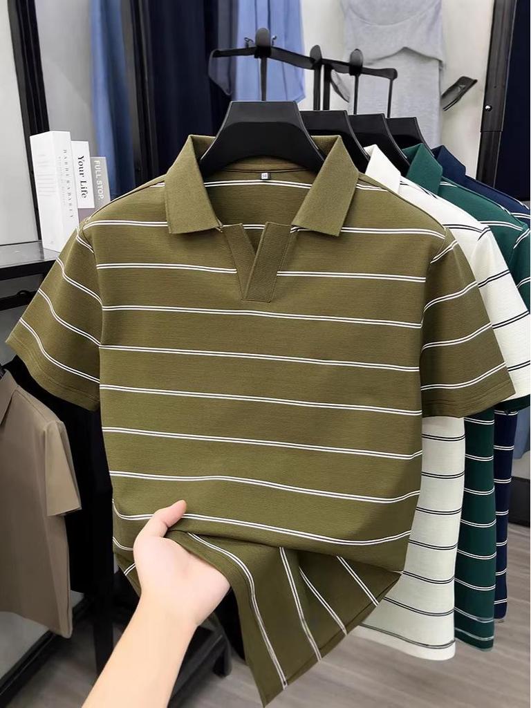 2026 Seagull Collar Striped Polo Shirt for Men - Short Sleeve Summer Lapel Tee for Dad