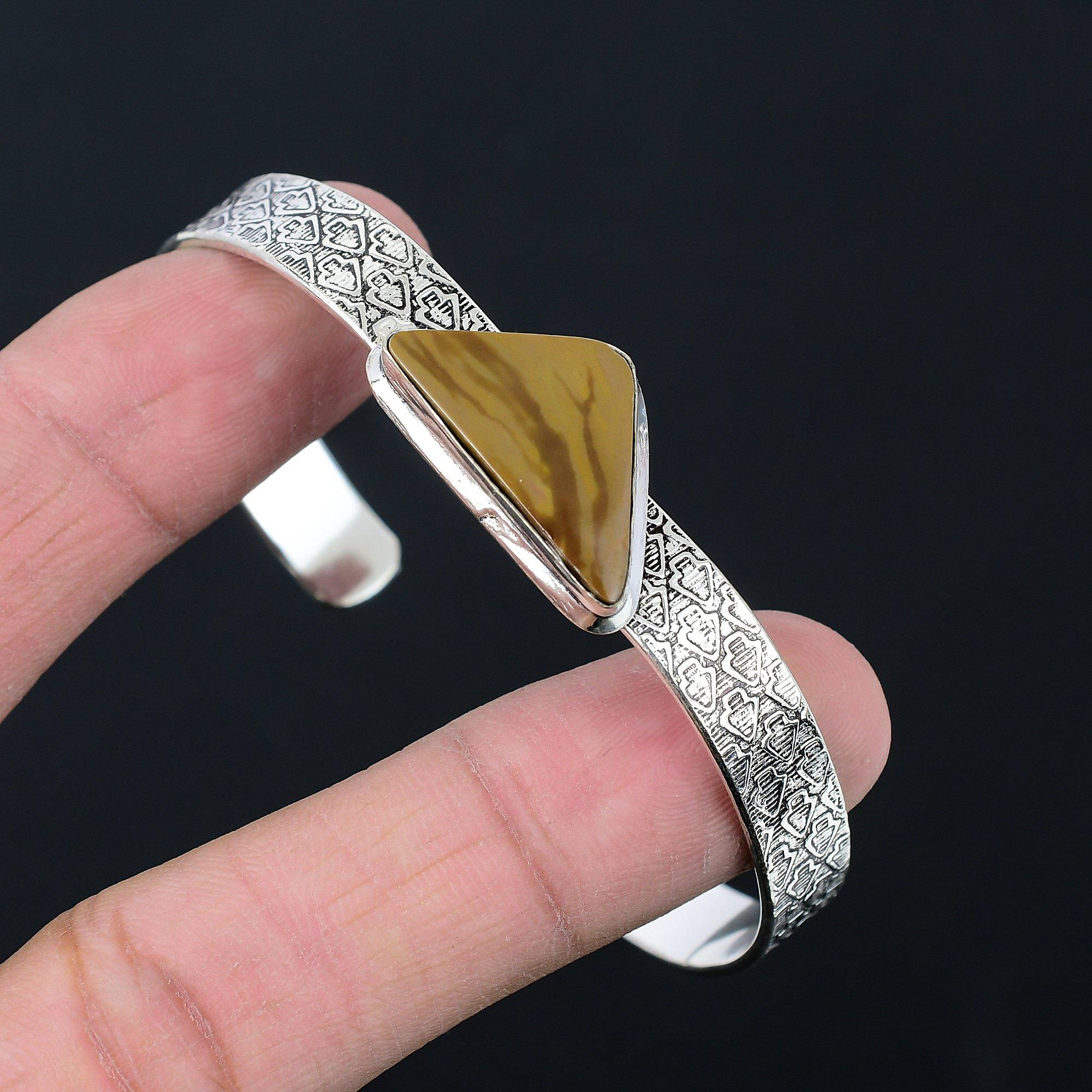 

Sterling Silver Trillion Landscape Jasper Stone Leaf Anniversary Bangle Jewelry Adjustable