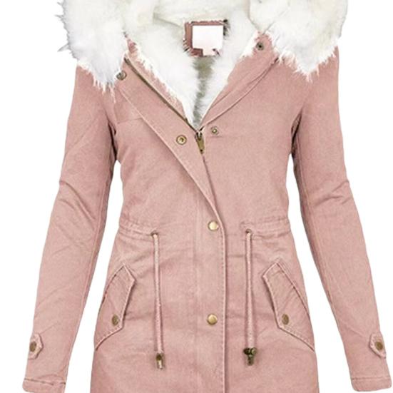 Abrigo de invierno de algodón para mujer, talla grande, capucha de piel sintética, forro polar, cremallera y botón a presión.