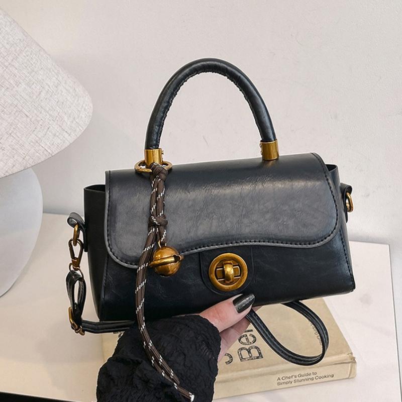 Retro Top Handle Bag with Flap Closure Bell Charm Detachable Strap Fashion Faux Leather Crossbody Purse for Women Shoulder Purse